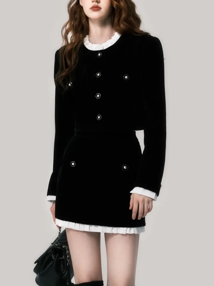 Элегантные черные бархатные комплекты из двух предметов с юбкой укороченный топ