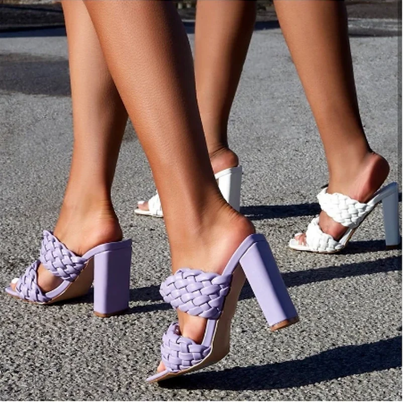 

New Summer Women Slipper Fashion Brand Weave Sandal Shoes Thin High Heel Narrow Band Ladies Elegant Dress Slides Heels Slippers