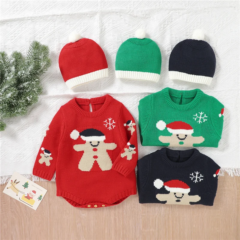 

Blotona Infant Baby 2Pcs Christmas Outfits, Cute Long Sleeve Round Neck Knitted Sweater Romper + Beanie Hat Set, 0-18Months