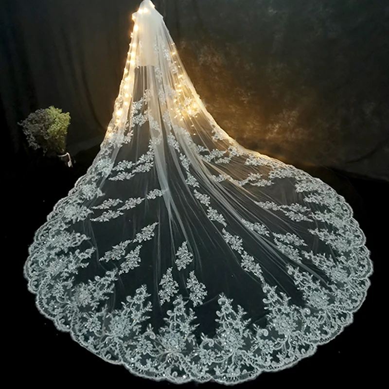

5m 4m 3m Long Wedding Bridal Veils Lace Appiques Edge 1 T Tulle Cathedral Veil with Comb Ivory Luxury Velo de Novia Voile mariee