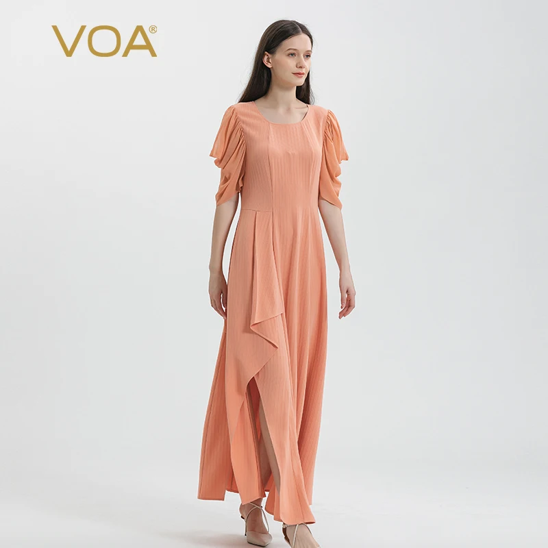 

VOA 44 Momme Jacquard Heavy Mulberry Silk Striped Dresses Women New Pink Round Neck Puff Short-sleeved Silk Party Dress AE1527