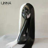 linna long straight synthetic lace wigs for women cosplay wig anime black and white part lace hair high temperature fiber