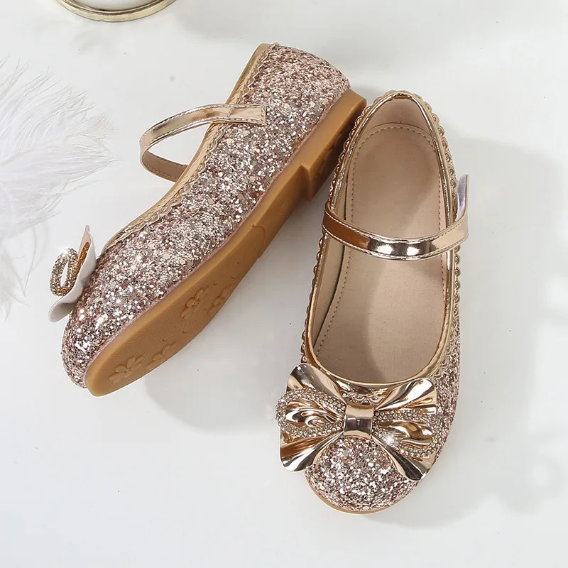 2024 новая детская обувь для девочек золотого цвета с бантом и блестками резиновые