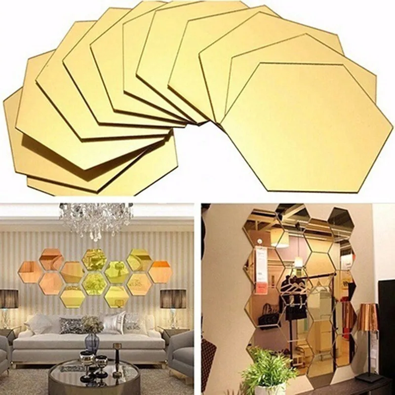 

12Pcs/pack 3D Hexagon Acrylic Mirror Wall Stickers DIY Art Wall Stickers Living Room Mirrored Decorative Stickers