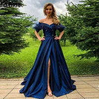 lorie navy blue feathers prom dresses 2022 saudi arabic off the shoulder side split half sleeve evening party dress formal gowns