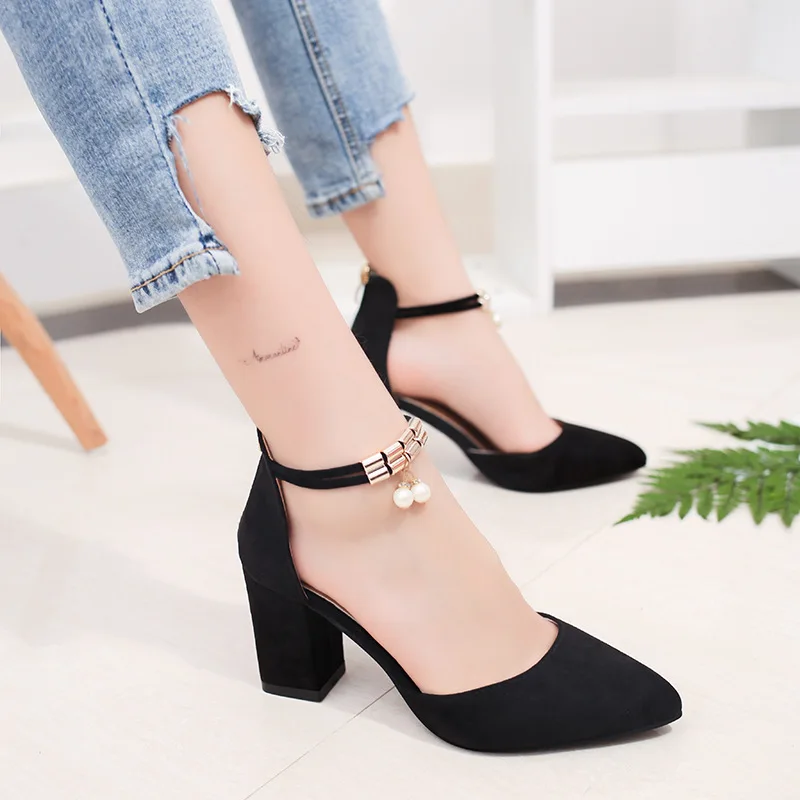 

Comemore Summer New Korean Chunky High Heels Women's Thick Heels Sandals Women Shoes Buckle Pointed Pumps Footwear Woman 2022 40