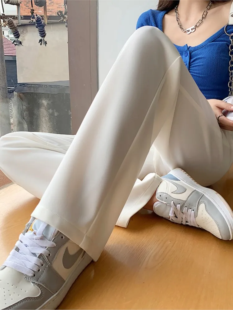 

Женские повседневные однотонные универсальные прямые брюки, весна-осень, белые свободные брюки с широкими штанинами, офисные женские простые Костюмные брюки с высокой талией