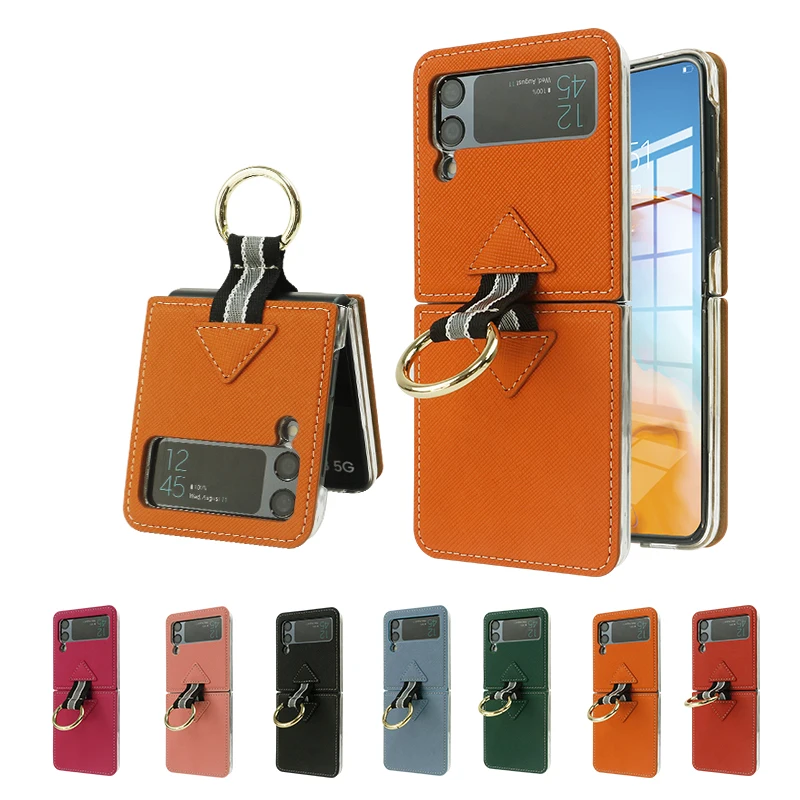 

Leather Cross Grain Leather Case for Samsung Galaxy Z Flip 3 Cases with Ring Holder Anti-Scratch Shockproof Z Flip 3 Case Cover