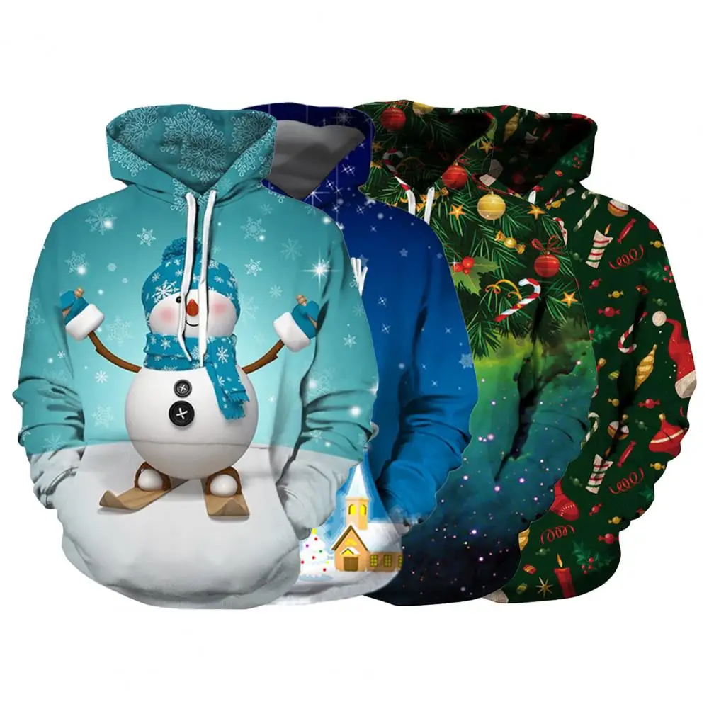 

Christmas Women Men Hoodie Print Santa Claus Warm Pullover Drawstring Festive Winter Hoodie for Party