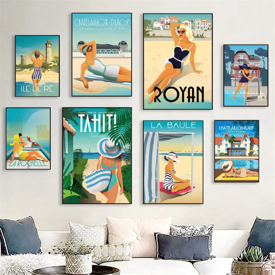 

Vintage Travel Beach Woman Abstract Wall Art Canvas Painting Nordic Posters Aesthetic And Prints Wall Pictures Living Room Decor