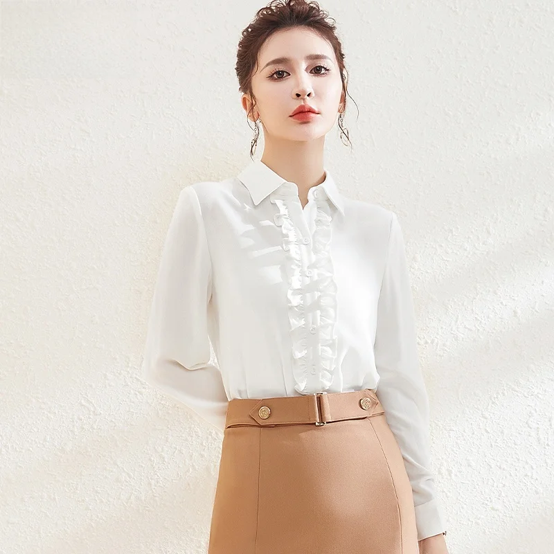 Xiangchun Bird Высококачественная белая рубашка Женская деревянная ушка Осенняя