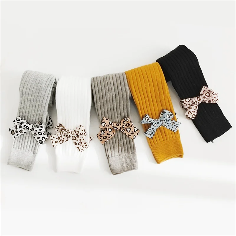 

Spring Autum Legging For Girls Children Fashion Leopard Bow Breathable Cotton Knitted Child Trousers Baby Tights Pants