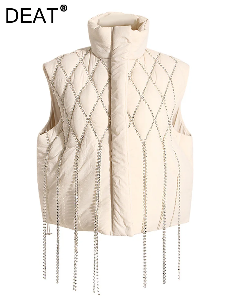 

DEAT Fashion Women's Waistcoat Loose Stand Collar Single Breasted Sleeveless Plaid Diamonds Tassel Vest Winter 2022 New 1DF2572