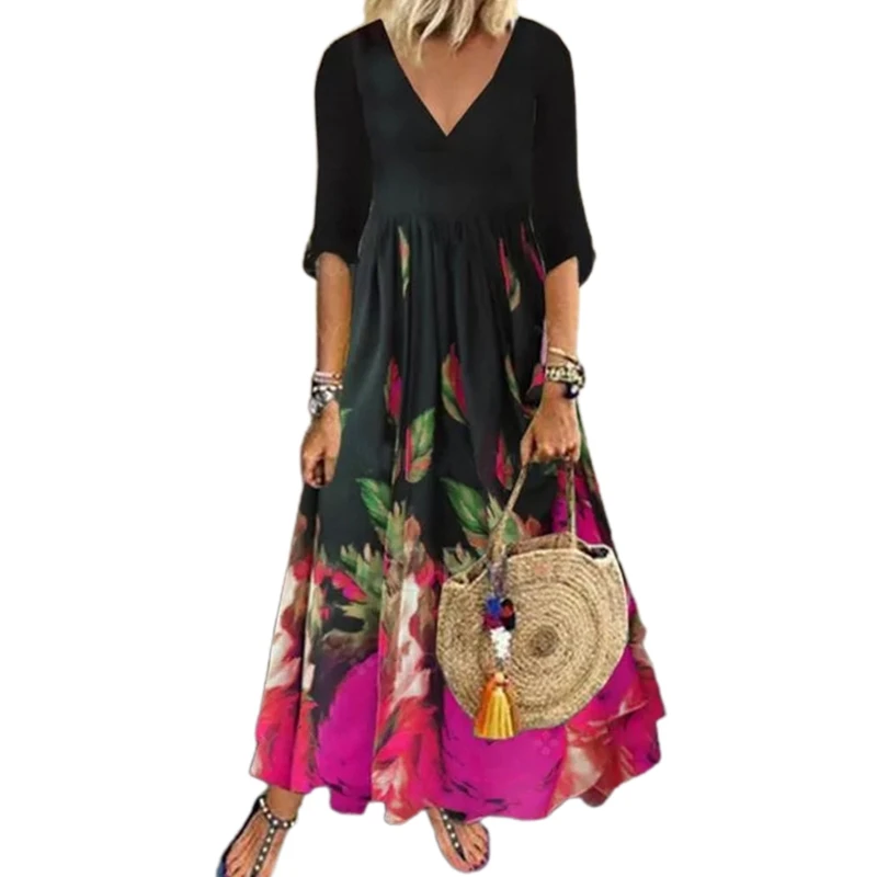 

Женское платье макси с рукавом 3/4 и глубоким V-образным вырезом, длинный сарафан в стиле бохо с винтажным цветочным принтом листьев, высокой ...