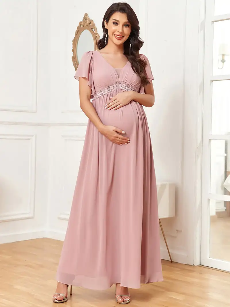 Luxury Evening Dresses  Sexy Ruffles Sleeves Deep V Neck 2023 of  A-Line Chiffon Dusty Rose Maternity Dresses