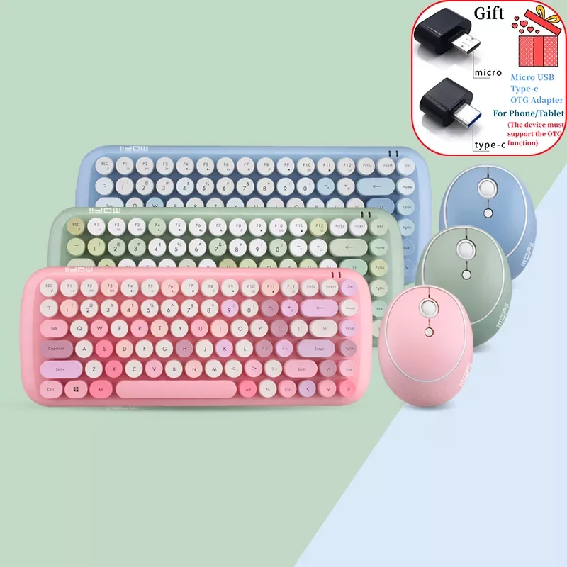

Cute Wireless Keyboard Set Mixed Candy Color Round Keycap Typewriter Keyboard and Mouse Comb for Laptop Notebook PC Girls Gift