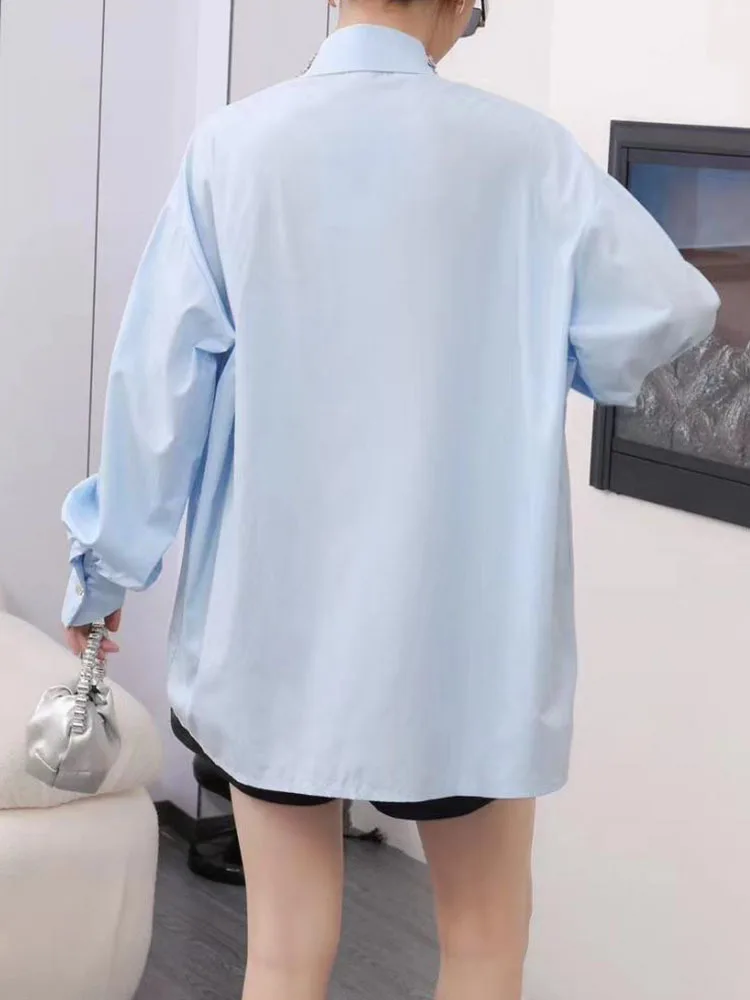 Женская рубашка с пышными рукавами DEAT блузка отложным воротником и заклепками со