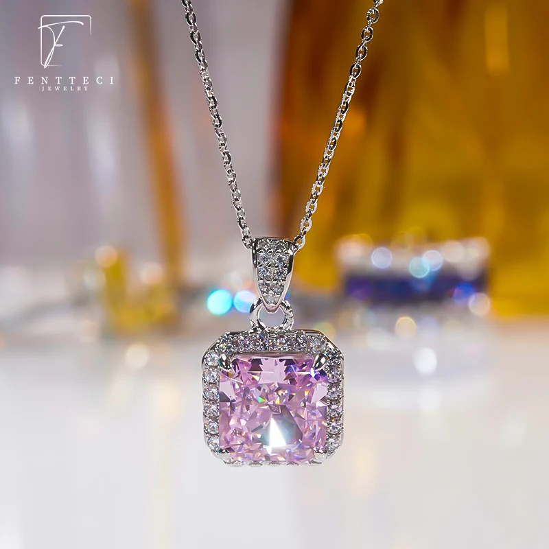 S925 Sterling Silver 18k Gold Plated Pink Diamond Necklace Women Luxury Set Princess Square Fancy Color 5A Zircon Pendant Women