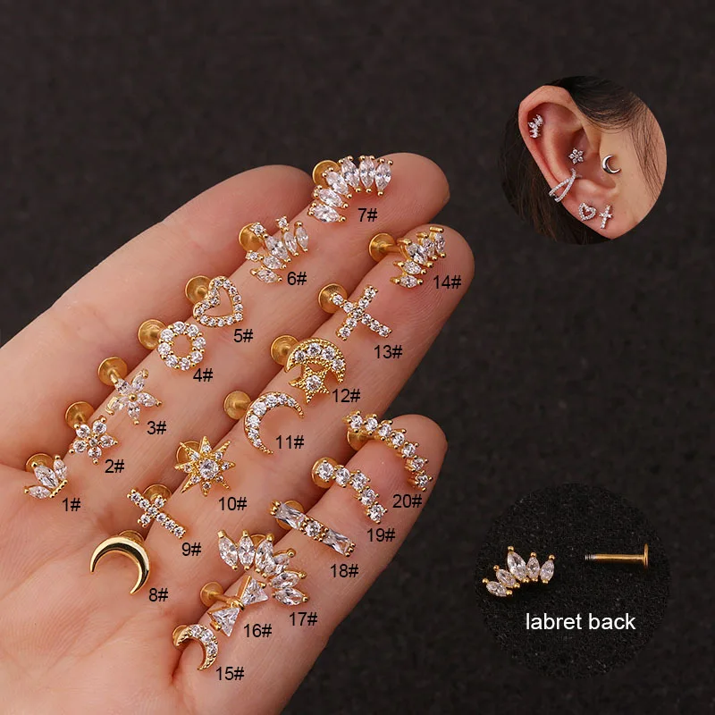 

1PC Cross Heart Flower Crown Cz Ear Studs Helix Piercing Cartilage Earring Conch Rook Tragus Stud Labret Back Piercing Jewelry