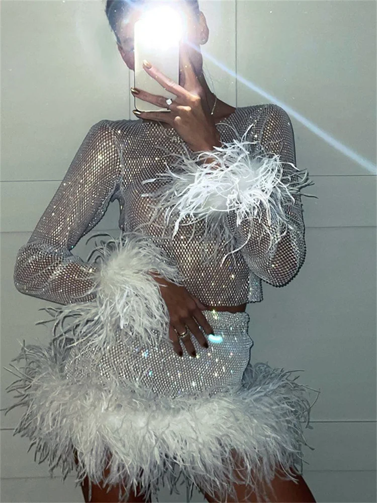 

CHRONSTYLE Sexy Women 2pcs Fur Feather Patchwork Clothes Sets Fishnet Hollow Out Long Sleeve T-shirts Top High Waist Mini Skirts