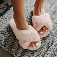 winter home cozy women fur slippers faux furry cross strap flat slip on indoor non slip house slides ladies shoes female whosale