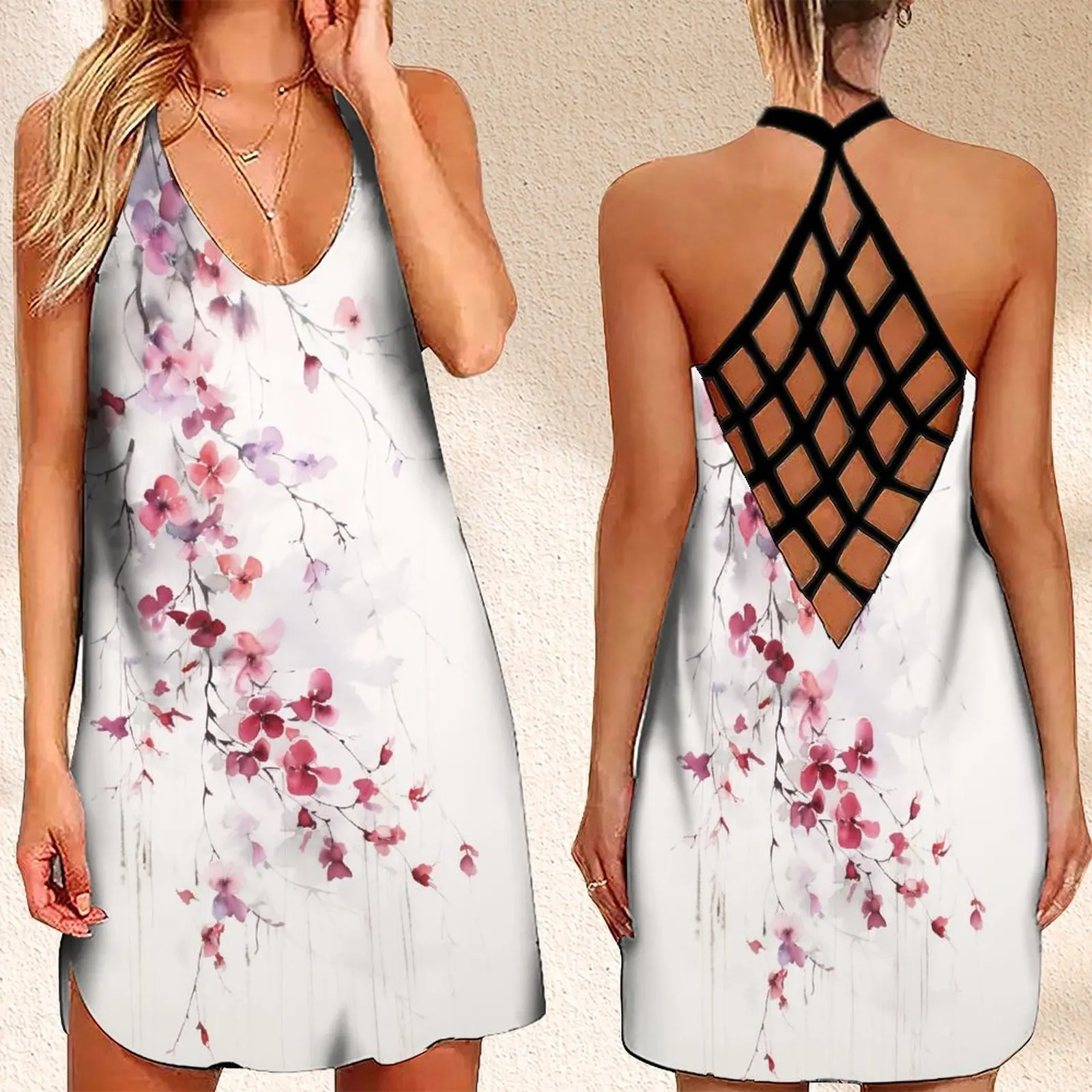 

Summer Women's Criss Cross Backless Sleeveless Dress SexyDresses For Women 2023 Flower LeafPrint Evening Dress 2023 Luxury