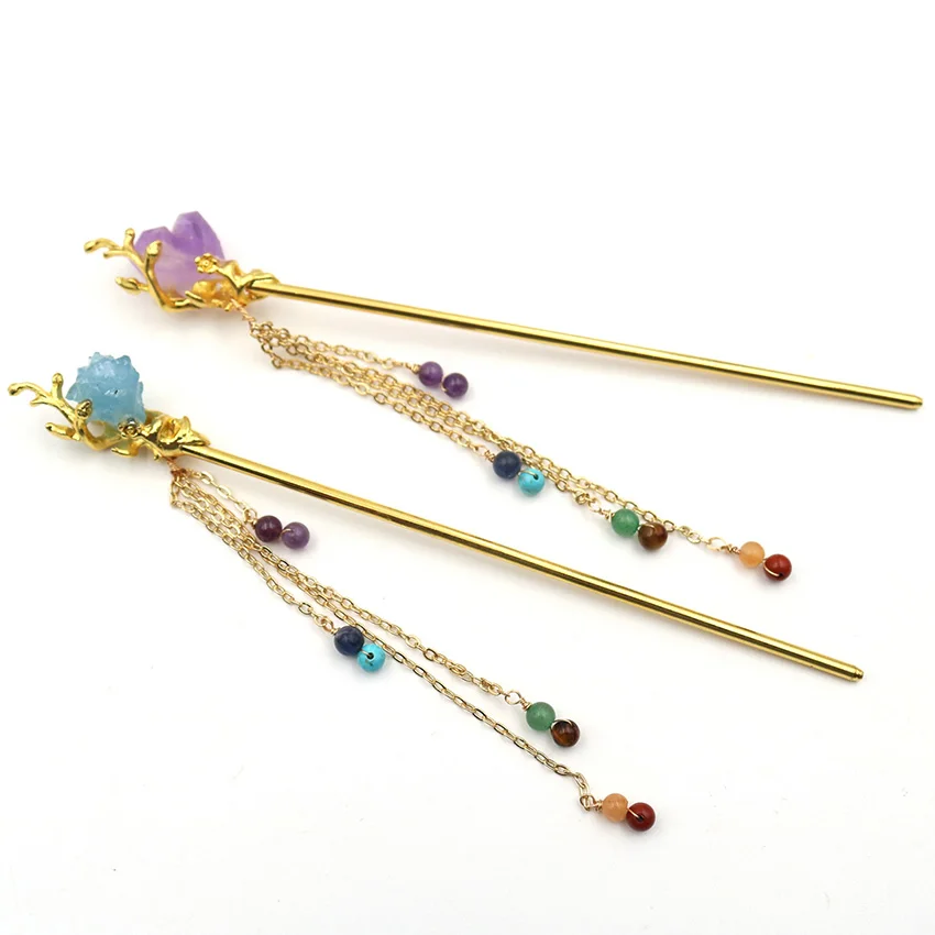Hair Stick For Women Hanfu Natural Amethyst Aquamarine 7 Chakras Tassel Accessorise