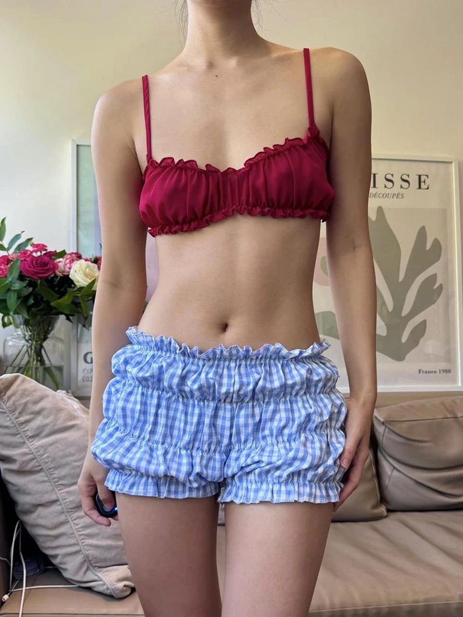 Женские шаровары в клетку с принтом эластичные шорты для отдыха низкой талией и