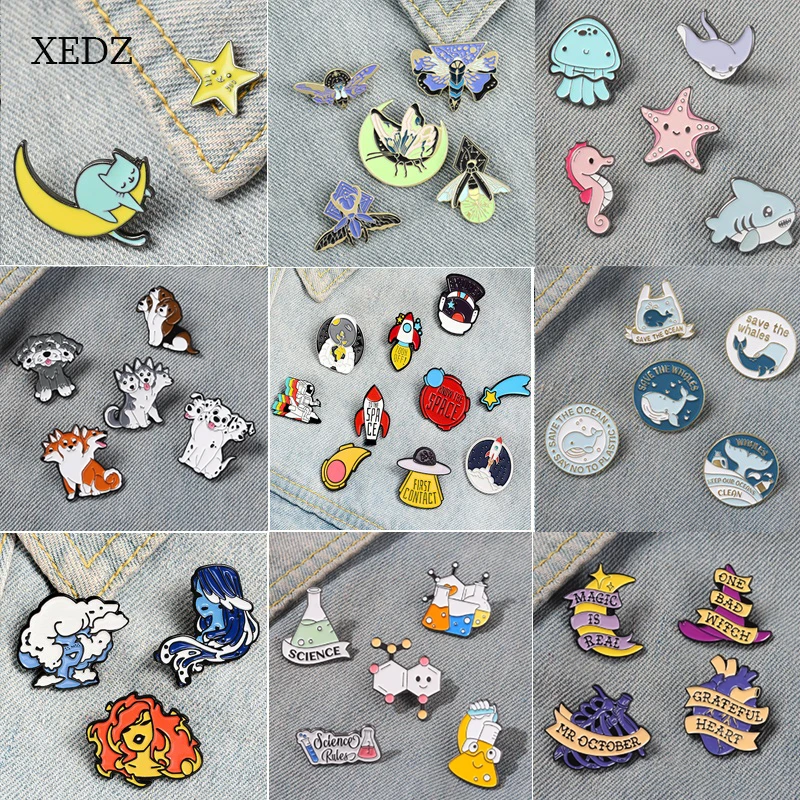 

XEDZ New Animal Hedgehog Cloak Magic Cat Skeleton Human Head Ghost Suit Enamel Brooch Jewelry Denim Clothes Accessories Gifts
