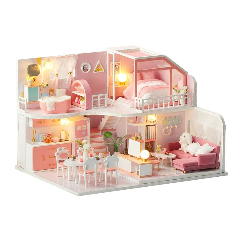 

DIY 3D Wooden Doll House Miniature Dollhouses Set Furniture Kit with LED Toys for Children Gift