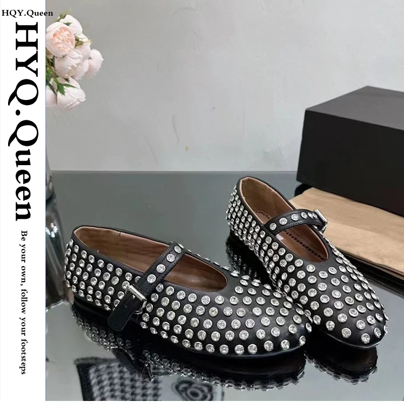 

Fashion Footwear Rhinestones Ballet Flats Shoes For Women Mary Janes Round Toe Bling Crystal Ladies Dance Female Shoes Big Size