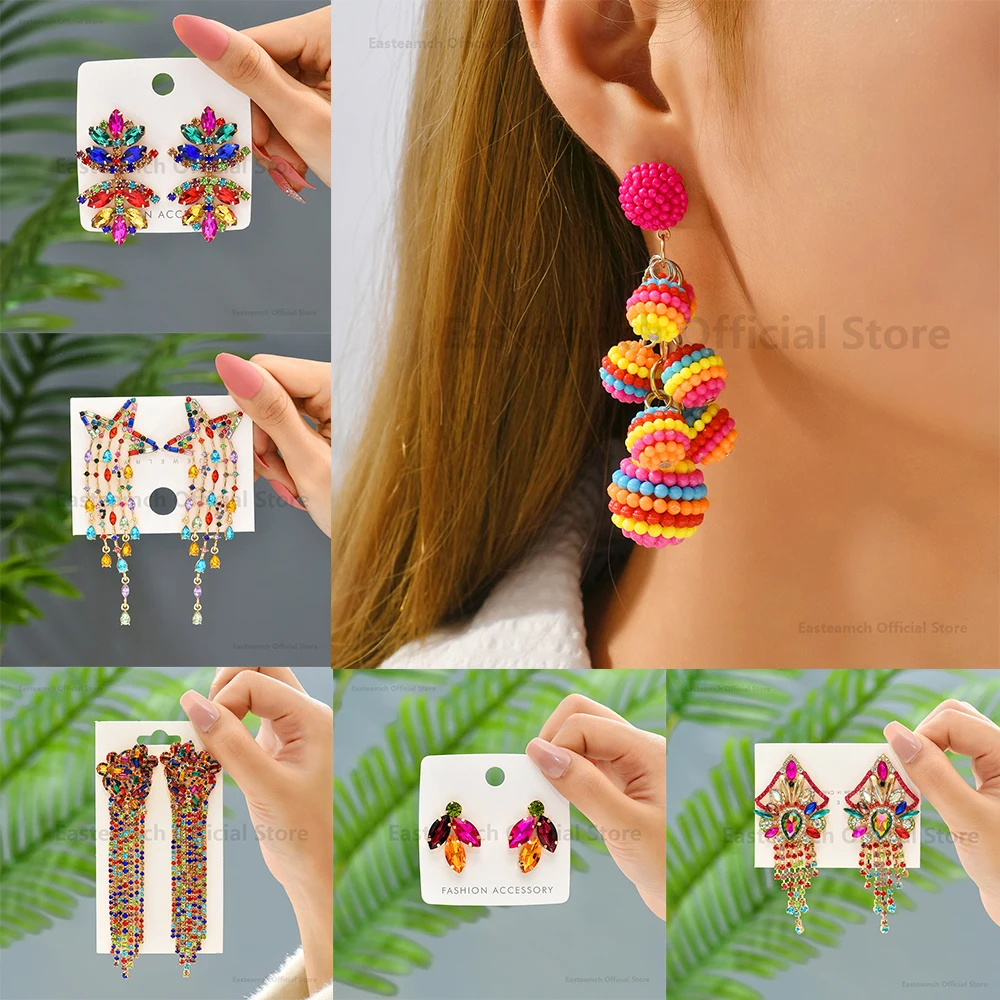 

Sparkly Colorful Crystal Big Dangle Earring Trendy Boho Luxury Design Female Charm Holiday Unusual Piercing Pendientes Jewelry
