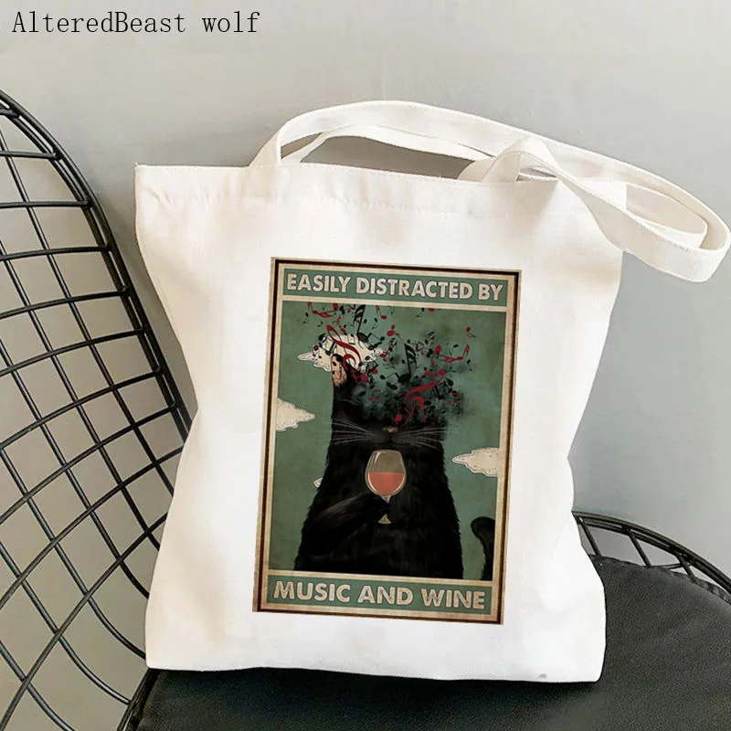 

Women Shopper bag Black Cat Easily Distracted By Music And Wine Bag Harajuku Shopping Canvas Shopper Bag girl Shoulder Lady Bag