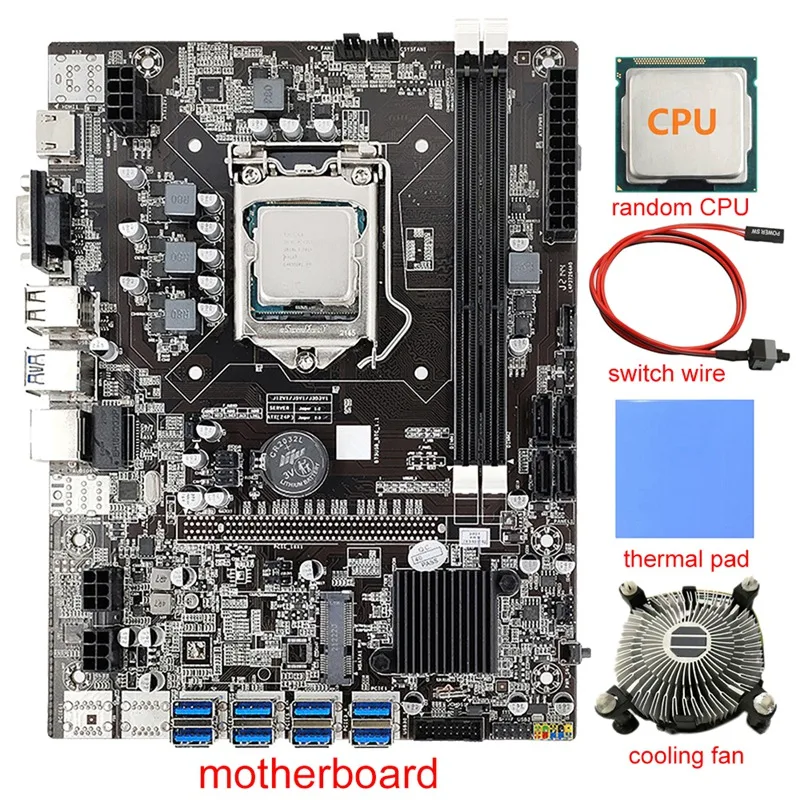 

8 Card B75 Mining Motherboard+CPU+Cooling Fan+Thermal Pad+Switch Cable 8 USB3.0(PCIE) GPU Slot LGA1155 DDR3 RAM SATA3.0