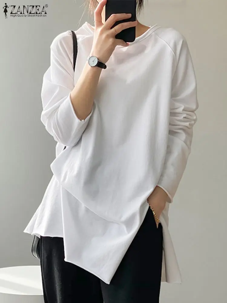 

ZANZEA Fahsion Oversized Tops 2023 Autumn Women's Blouse Long Sleeve O-Neck Solid Split Shirt Elegant Loose Bottoming Tee Blusas