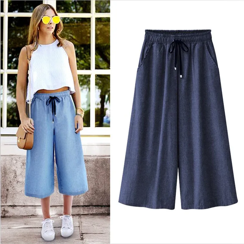 

2023 Summer Women Casual Wide Leg Jeans loose High Waist Calf-Length Pants Plus Size Women Thin Soft Pants