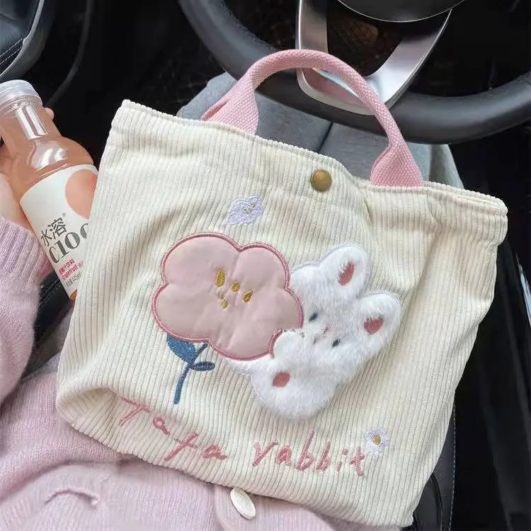 

Japanese soft Eva sister lovely rabbit canvas bag handbag ins corduroy embroidery work small pack a lunch bag