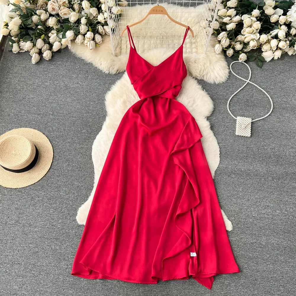 

Temperament Flounces Irregular Sweet Long Skirt Summer Satin Suspender Dress
