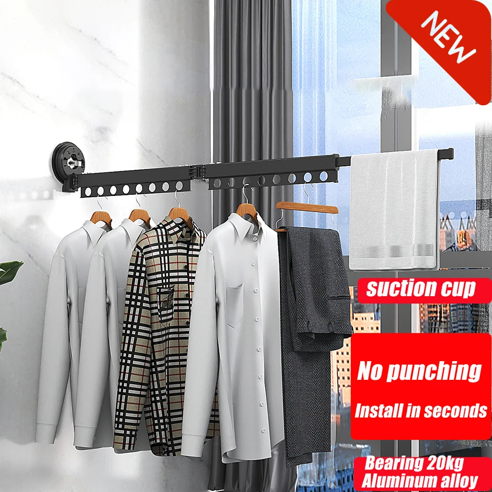 

Folding Clothes Rack Aluminum Clothes Hangers Black Wall Mount Rack Drying Rack Sucker Install Clothes Home Laundry Clothesline
