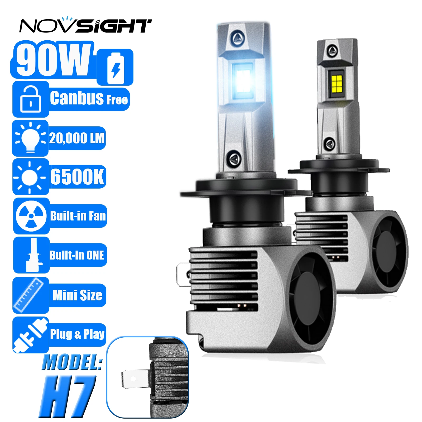 

NOVSIGHT H7 LED Headlight 90W 20000LM 6500K Car Automobile Lamp Head light Bulbs LED Super Bright with Fan Wireless Canbus Free