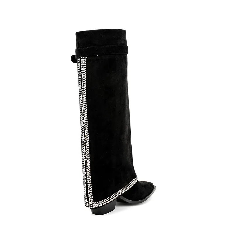 Women's New Pointy Fleece Sleeve Boots Fashion Lock Buckle Thick High Heel Medium Boots Autumn and Winter Large Knee Boots
