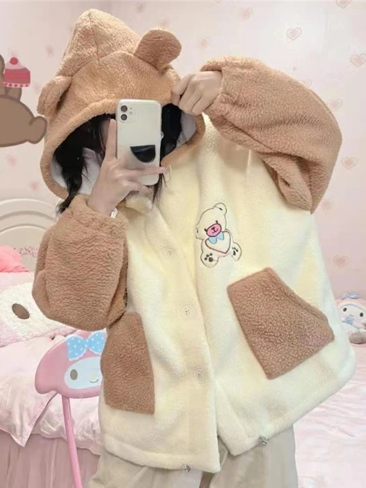 

Autumn Winter Korean Coats 2022 Warm Thicken Lambswool Ear Hooded Jackets Patchwork Contrast Color Preppy Style Sweet Girl Tops