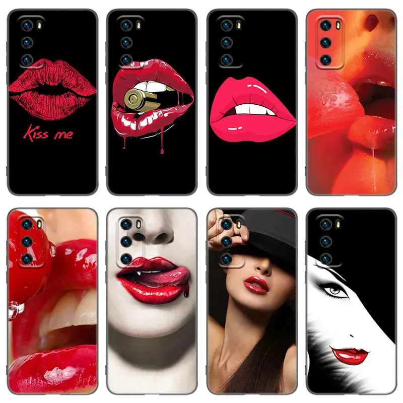 Beauty Red Lips Phone Case For Huawei P20 P30 P40 P50 P Smart Z S Pro P8 P9 P10 Lite 5G E 2017 2018 2019 2020 2021 Black Cover