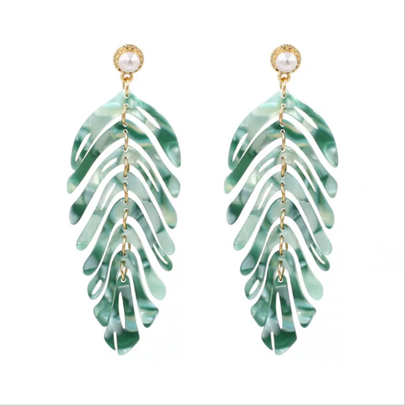 

Minar Cute Colorful Resin Arcylic Leaf Drop Earrings for Women 2022 Acetate Simulated Pearl Leaves Long Dangle Earrings Jewelry