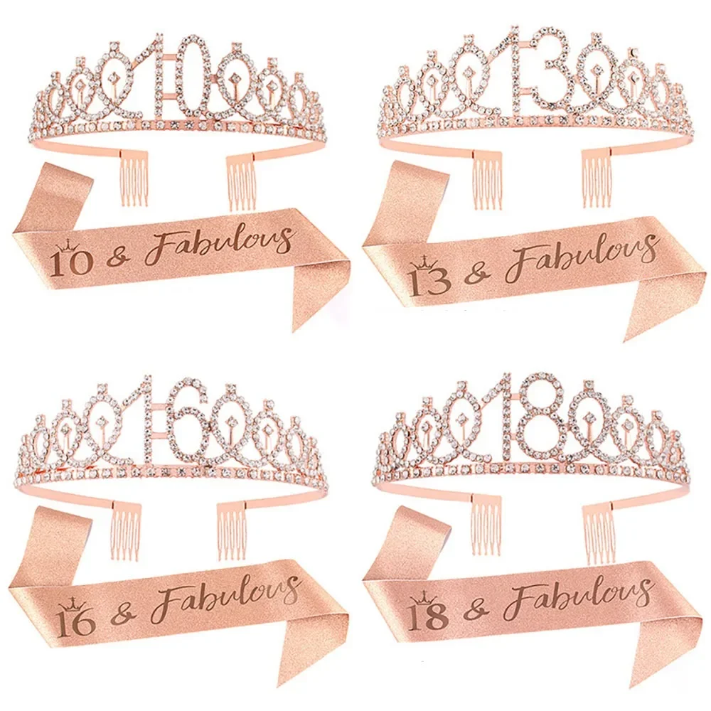 Розовое золото 13 16 18 21 30 40 потрясающая тиара со стразами и блестящий пояс подарки