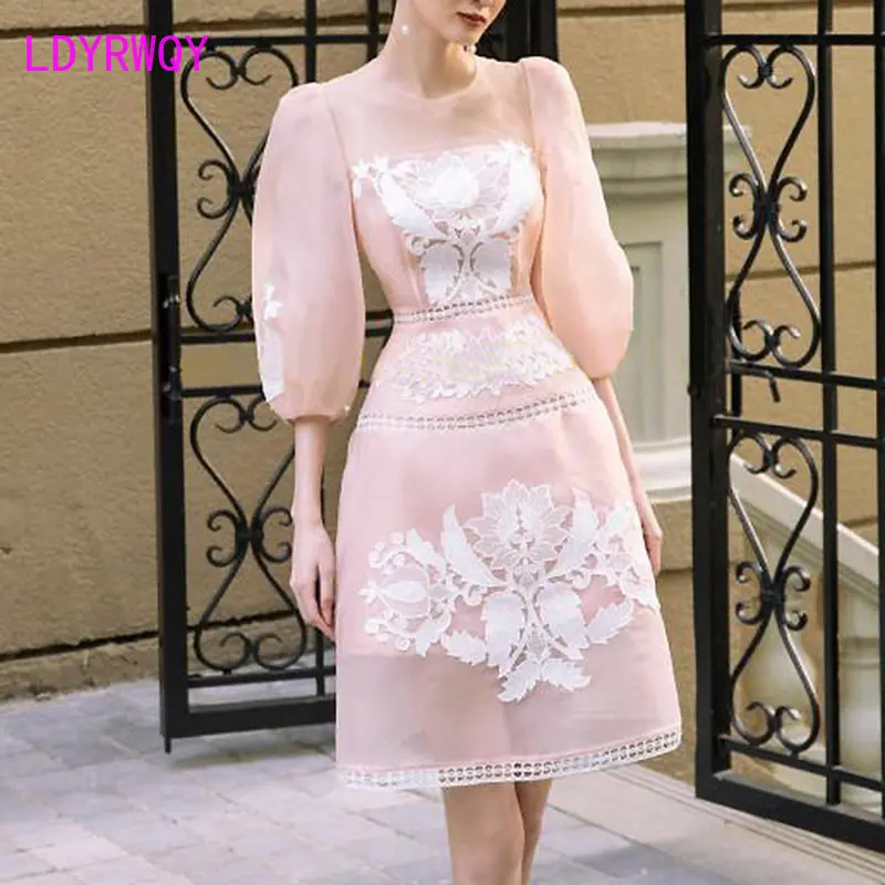 

Women's fashion celebrity style heavy industry embroidered French dress Slim Knee-Length