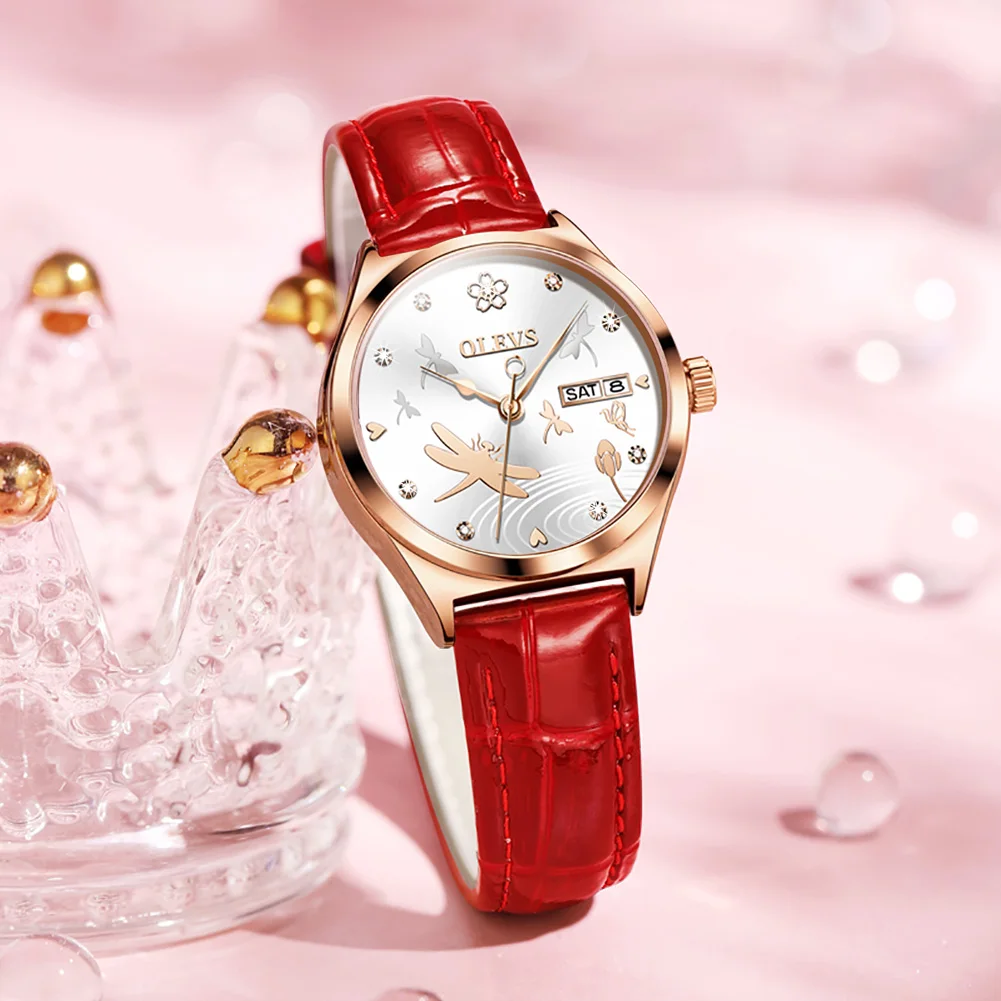 

Women Wristwatch Automatic Mechanical watch 30M Waterproof with Double Calendar Leather Watchband Fashion Female Clock