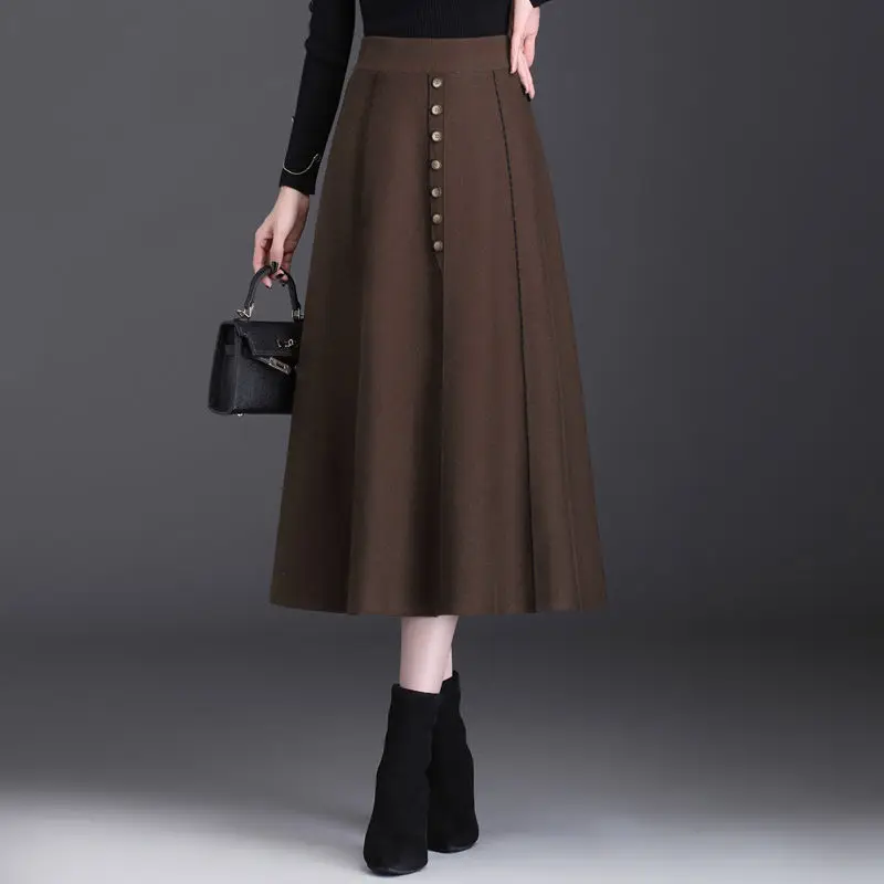 

2022 New Autumn Winter Knitted Sweater Skirt Female with Buckle Women High Waist Knitting Loose Elastic Elegant Midi Skirts M26