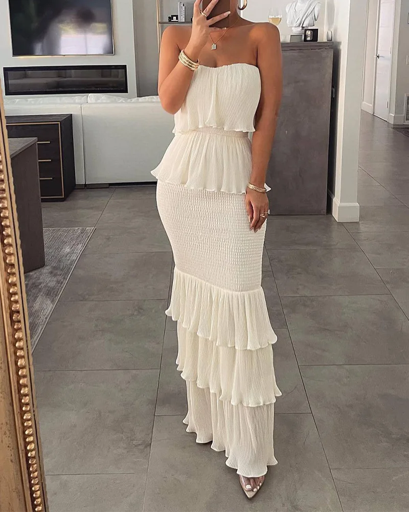 

Women Slim High Waist Solid Color Strapless Bandeau Shirred Ruffle Hem Layered Dress Sleeveless Evening Party Dress