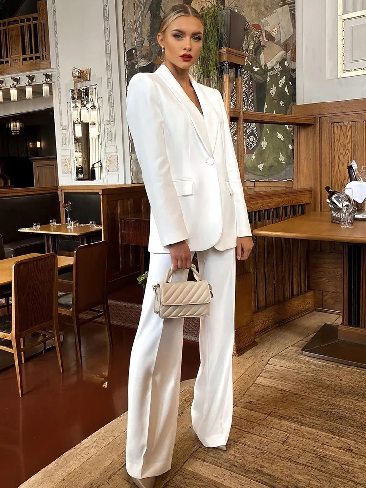 

Elegant Office Shawl Lapel Fitted Blazer And High Waist Trousers White Suits For Women Two Piece Set Pants Sets Womens Outfits
